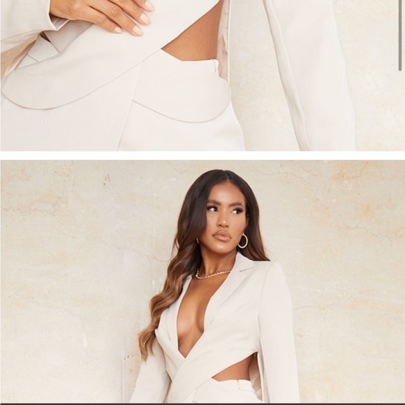 PRETTY LITTLE THING Stone Woven Tailored Cut Out Waist Wrap Over Blazer size 12 - Picture 5 of 5